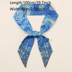 Oil Painting Print Skinny Scarf Satin Hair Ribbon Silk Neckerchief