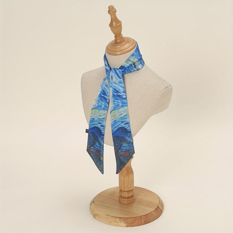 Oil Painting Print Skinny Scarf Satin Hair Ribbon Silk Neckerchief