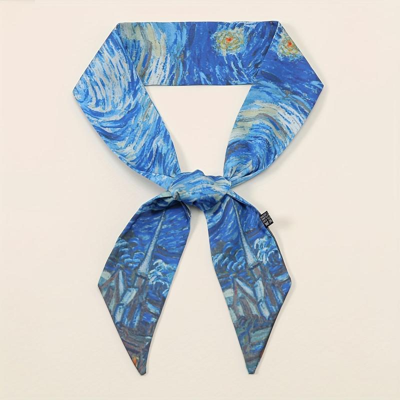 Oil Painting Print Skinny Scarf Satin Hair Ribbon Silk Neckerchief