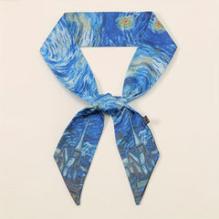 Oil Painting Print Skinny Scarf Satin Hair Ribbon Silk Neckerchief