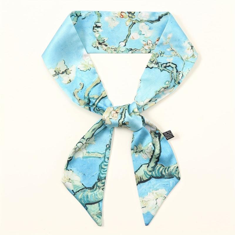 Oil Painting Print Skinny Scarf Satin Hair Ribbon Silk Neckerchief