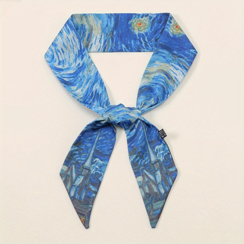 Oil Painting Print Skinny Scarf Satin Hair Ribbon Silk Neckerchief