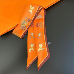 Horse Print Skinny Scarf Tassel Neckerchief Satin Ribbon Twilly Scarves