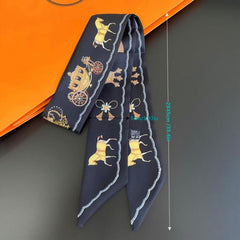 Horse Print Skinny Scarf Tassel Neckerchief Satin Ribbon Twilly Scarves