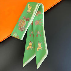 Horse Print Skinny Scarf Tassel Neckerchief Satin Ribbon Twilly Scarves