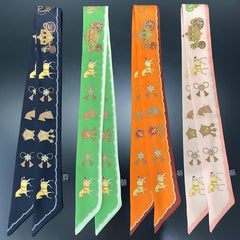 Horse Print Skinny Scarf Tassel Neckerchief Satin Ribbon Twilly Scarves