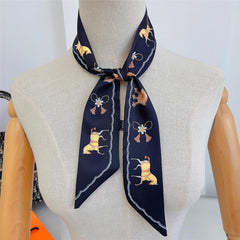 Horse Print Skinny Scarf Tassel Neckerchief Satin Ribbon Twilly Scarves