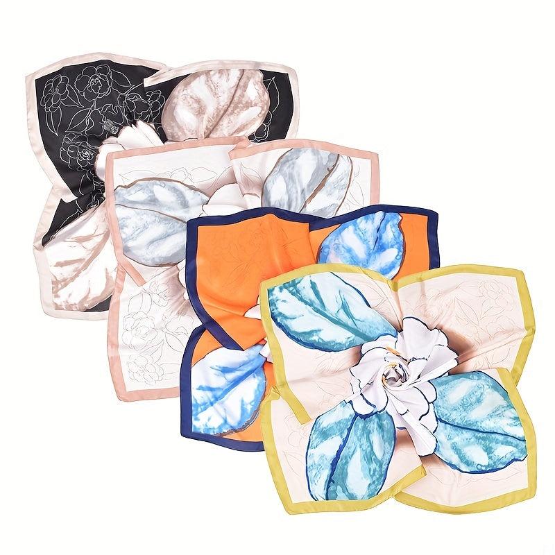 Camellia Print Bandana Silk Square Scarf Satin Shawl Neckerchief