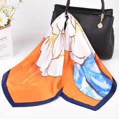 Camellia Print Bandana Silk Square Scarf Satin Shawl Neckerchief