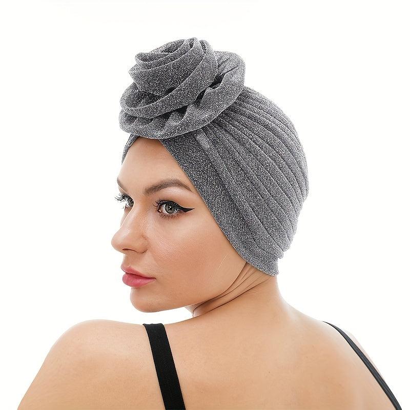 Silvery Glitter Flower Turban Cap Ramadan Headwrap Head Scarf Hijab Hats