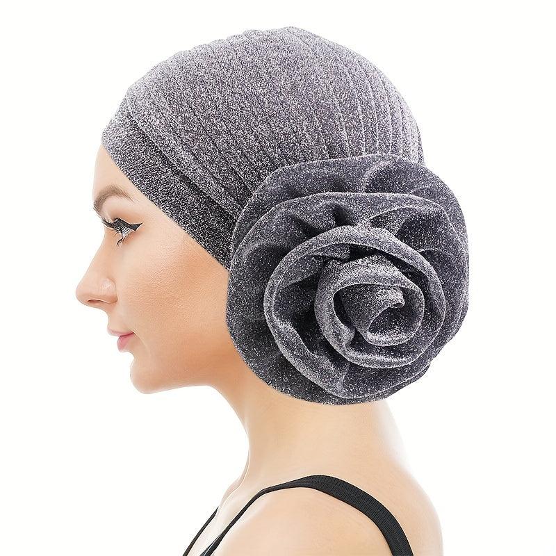 Silvery Glitter Flower Turban Cap Ramadan Headwrap Head Scarf Hijab Hats