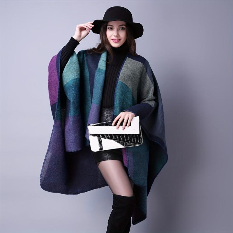 Vintage Block Shawl Cashmere Warm Wrap Large Blanket Scarf Poncho Capes Cloak