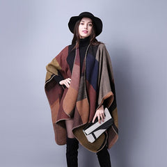 Vintage Block Shawl Cashmere Warm Wrap Large Blanket Scarf Poncho Capes Cloak