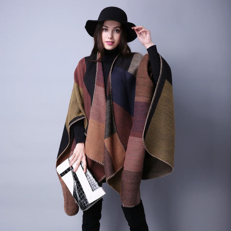 Vintage Block Shawl Cashmere Warm Wrap Large Blanket Scarf Poncho Capes Cloak