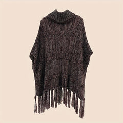 Wine Red Ribbed Knitted Cape Tassel Shawl Warm Pullover Cardigan
