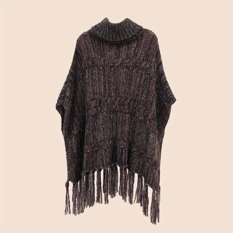 Wine Red Ribbed Knitted Cape Tassel Shawl Warm Pullover Cardigan