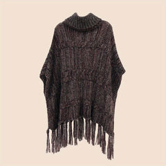 Wine Red Ribbed Knitted Cape Tassel Shawl Warm Pullover Cardigan