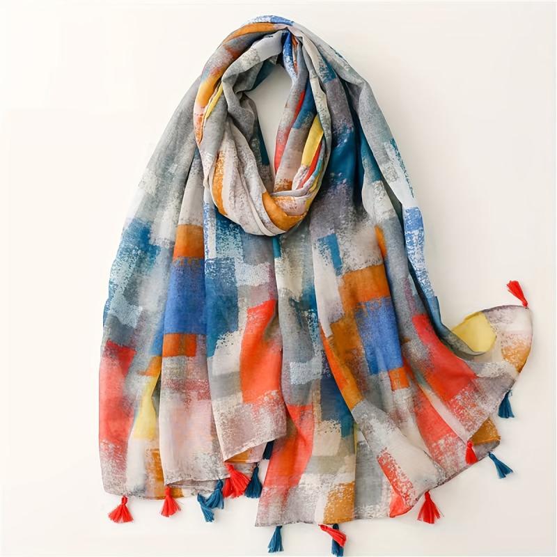Colorful Printed Scarf Thin Breathable Headscarf Casual Sunscreen Fringed Shawl