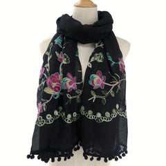 National Style Embroidered Tassel Scarf Light Thin Breathable Shawl for Women