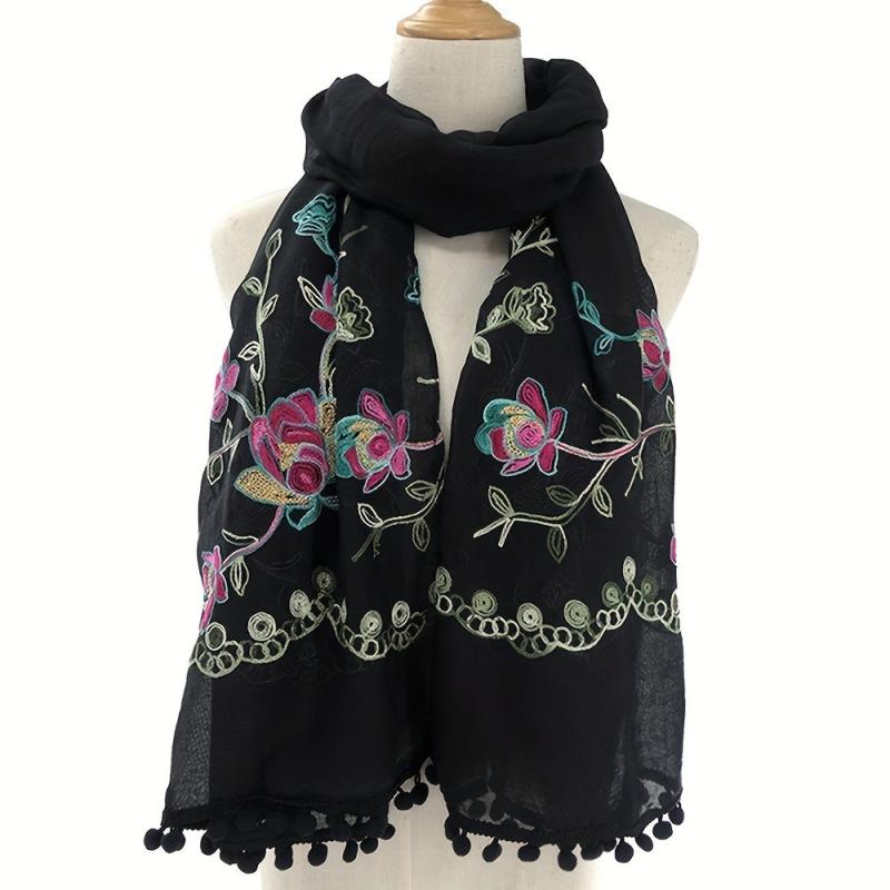 National Style Embroidered Tassel Scarf Light Thin Breathable Shawl for Women