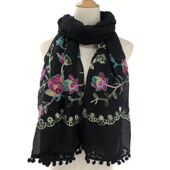 National Style Embroidered Tassel Scarf Light Thin Breathable Shawl for Women