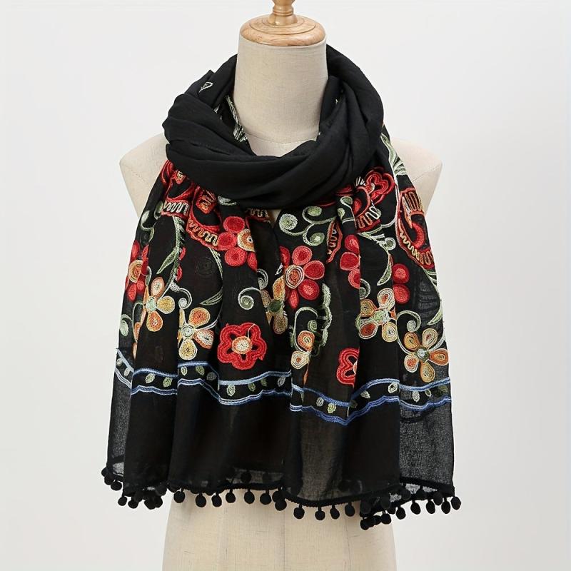 National Style Embroidered Tassel Scarf Light Thin Breathable Shawl for Women