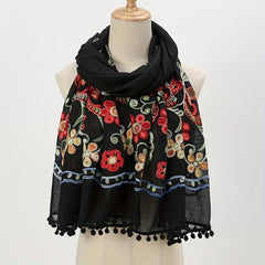 National Style Embroidered Tassel Scarf Light Thin Breathable Shawl for Women