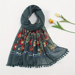 National Style Embroidered Tassel Scarf Light Thin Breathable Shawl for Women