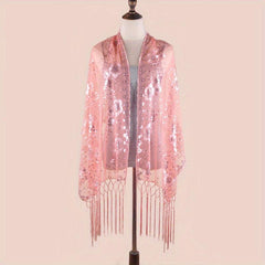 Sequin Flower Embroidery Shawl Tassel Cape Women Glitter Scarf