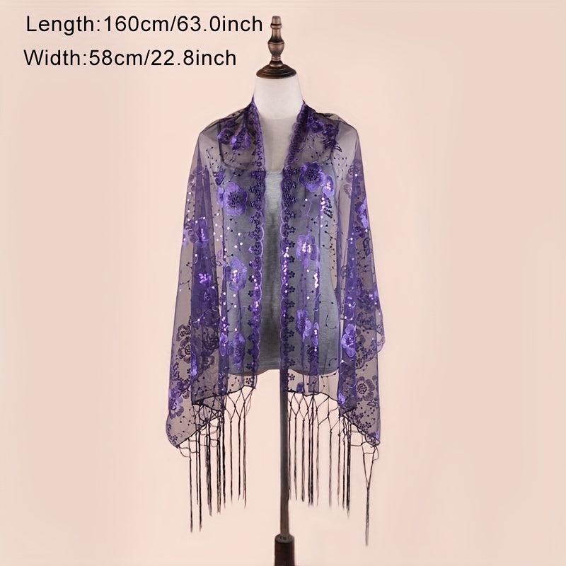 Sequin Flower Embroidery Shawl Tassel Cape Women Glitter Scarf