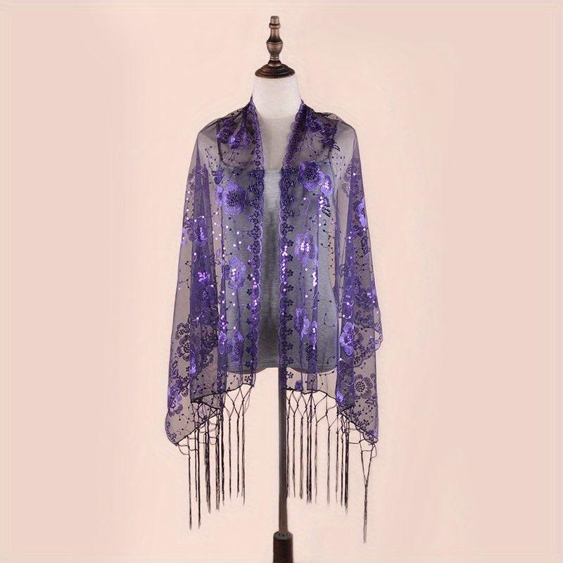 Sequin Flower Embroidery Shawl Tassel Cape Women Glitter Scarf