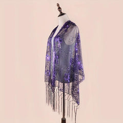 Sequin Flower Embroidery Shawl Tassel Cape Women Glitter Scarf