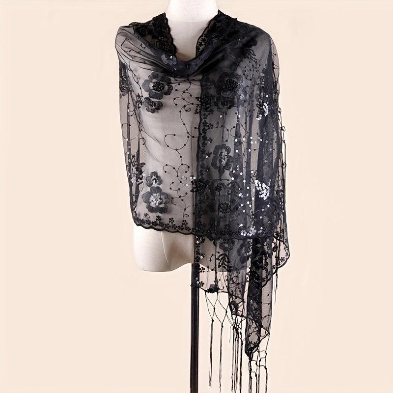 Sequin Flower Embroidery Shawl Tassel Cape Women Glitter Scarf