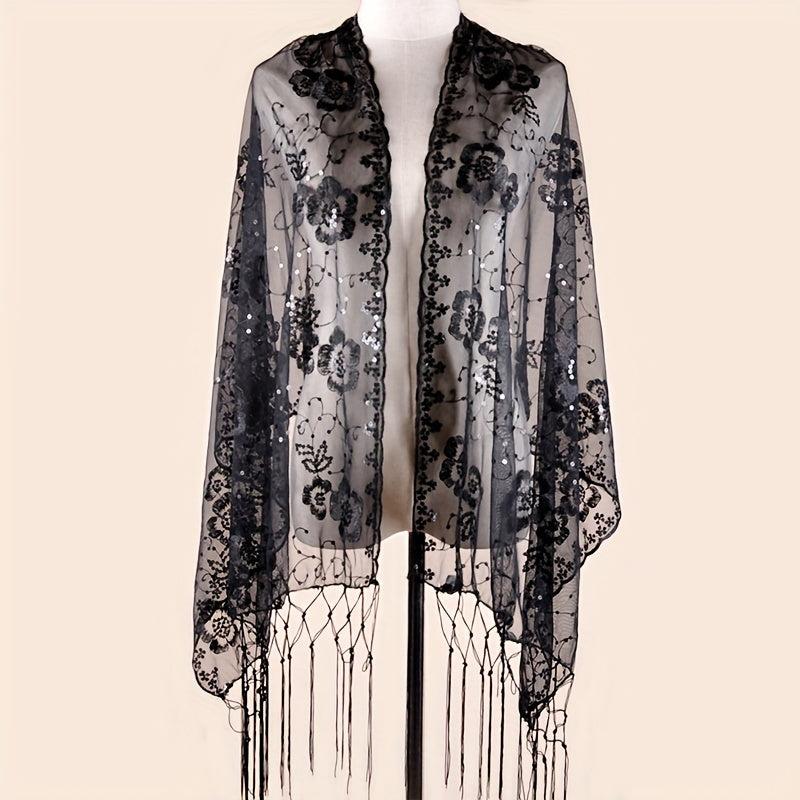 Sequin Flower Embroidery Shawl Tassel Cape Women Glitter Scarf