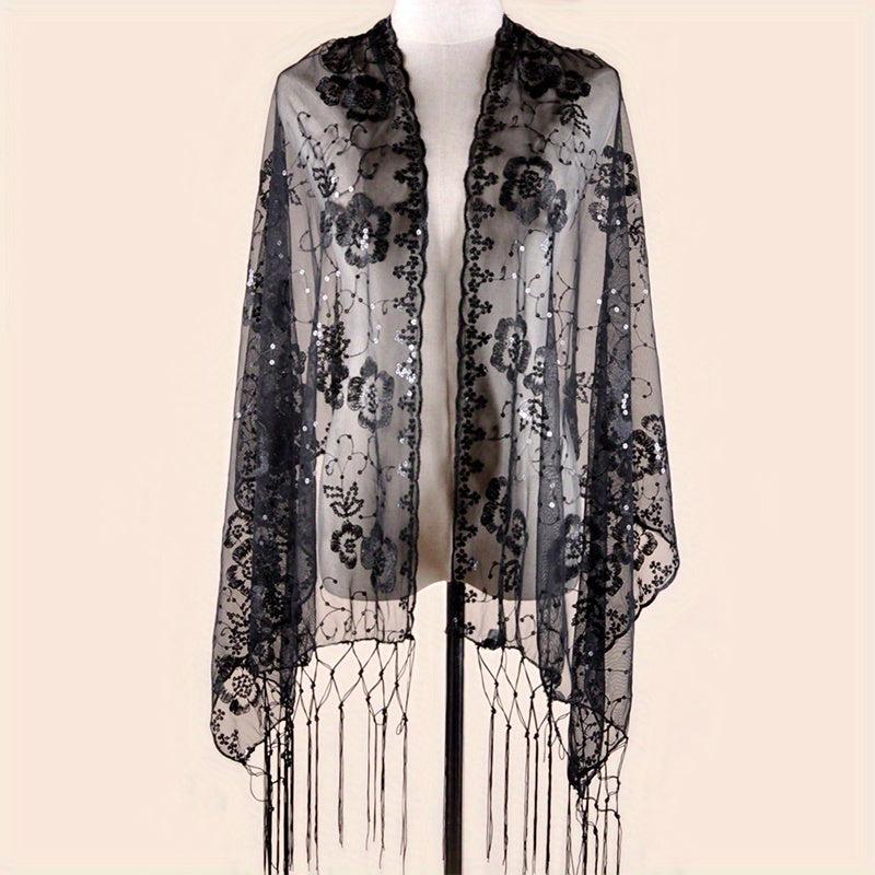 Sequin Flower Embroidery Shawl Tassel Cape Women Glitter Scarf