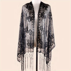Sequin Flower Embroidery Shawl Tassel Cape Women Glitter Scarf