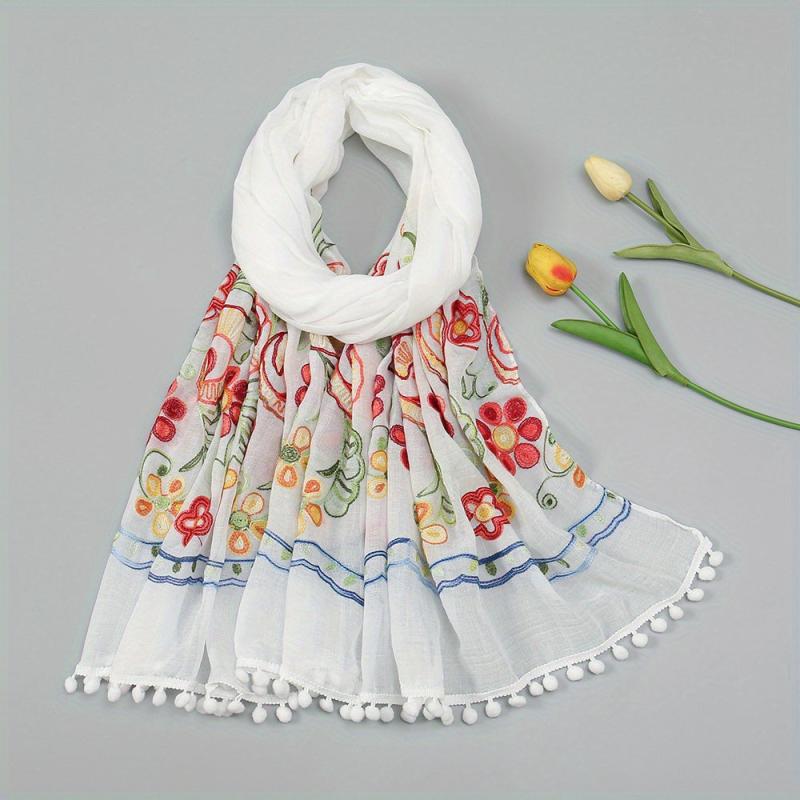 Vintage Flower Embroidery Scarf Tassel Shawl - Boho Hijab