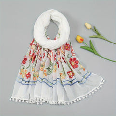 Vintage Flower Embroidery Scarf Tassel Shawl - Boho Hijab