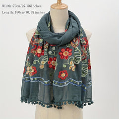 Vintage Flower Embroidery Scarf Tassel Shawl - Boho Hijab