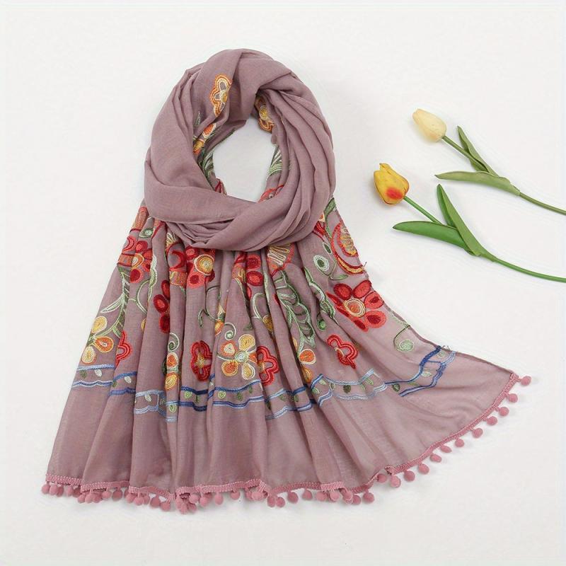Vintage Flower Embroidery Scarf Tassel Shawl - Boho Hijab