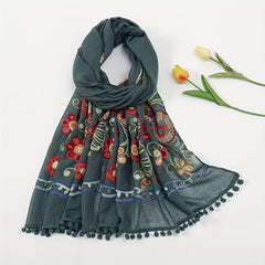 Vintage Flower Embroidery Scarf Tassel Shawl - Boho Hijab