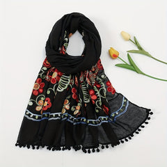Vintage Flower Embroidery Scarf Tassel Shawl - Boho Hijab