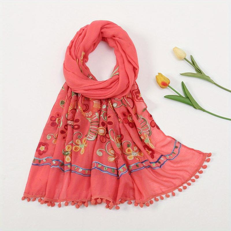 Vintage Flower Embroidery Scarf Tassel Shawl - Boho Hijab