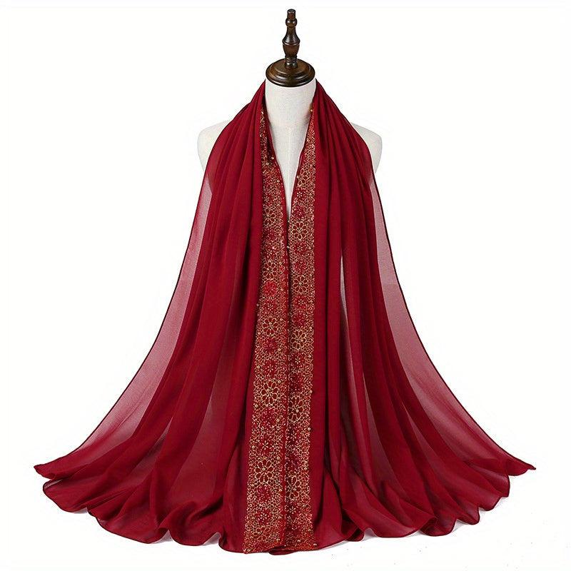 Beaded Lace Chiffon Scarf Hijab Solid Shawl Classic Head Wrap