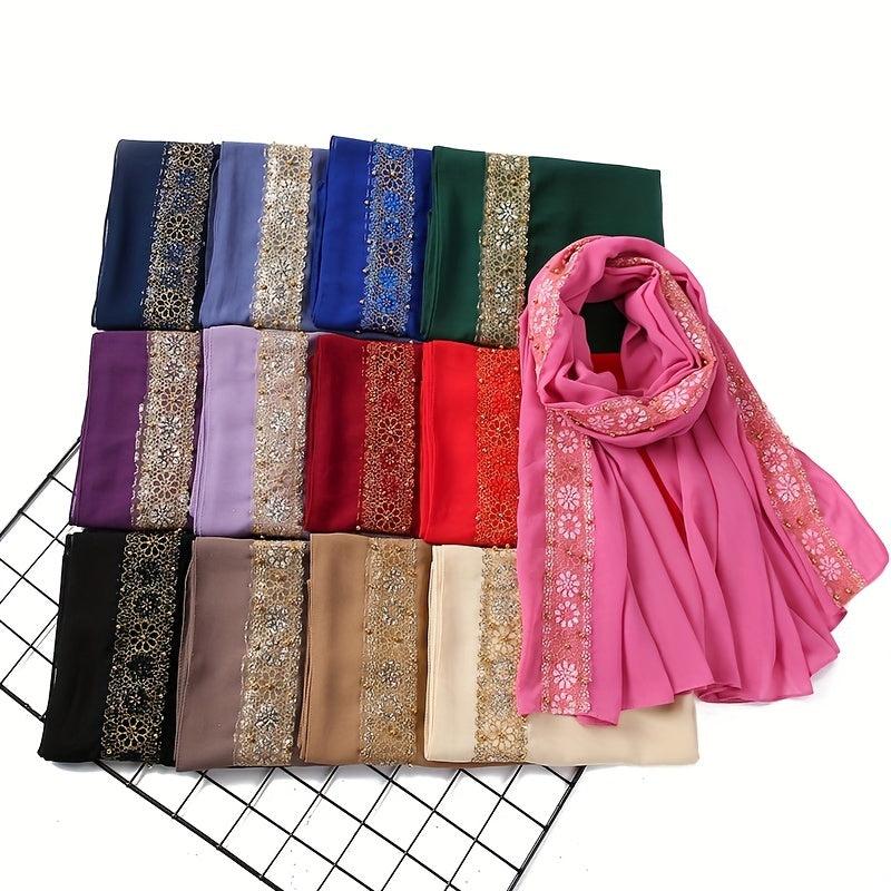 Beaded Lace Chiffon Scarf Hijab Solid Shawl Classic Head Wrap