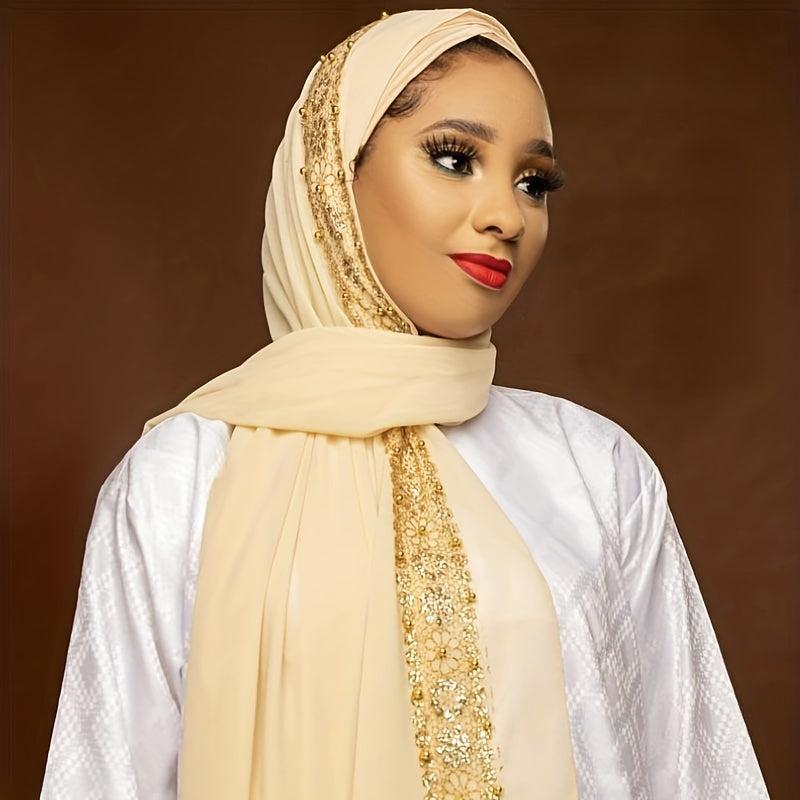 Beaded Lace Chiffon Scarf Hijab Solid Shawl Classic Head Wrap