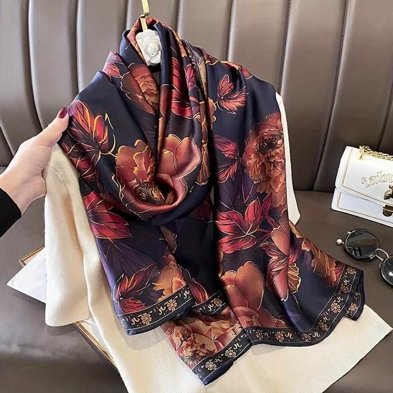 Vintage Brown Flower Print Scarf Satin Shawl Silk Head Wrap Causal Sunscreen