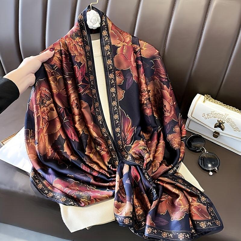 Vintage Brown Flower Print Scarf Satin Shawl Silk Head Wrap Causal Sunscreen