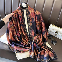 Vintage Brown Flower Print Scarf Satin Shawl Silk Head Wrap Causal Sunscreen