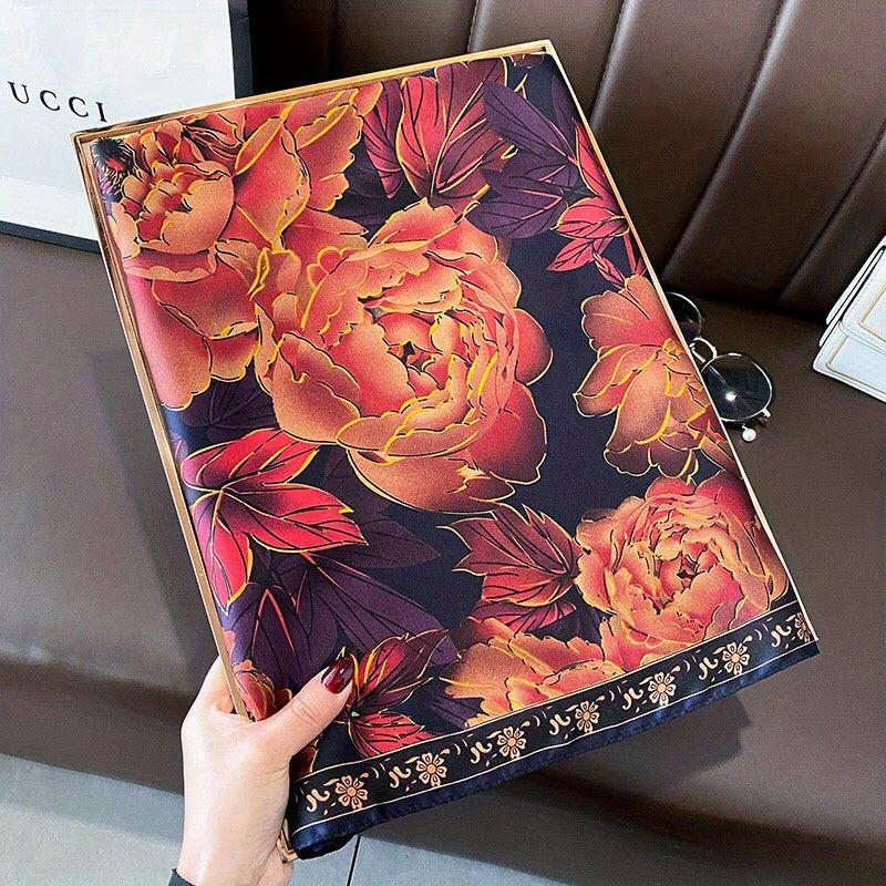 Vintage Brown Flower Print Scarf Satin Shawl Silk Head Wrap Causal Sunscreen